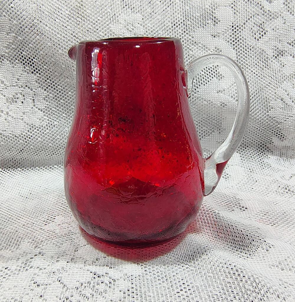 Vintage MCM Heavy Art Glass Ruby Creamer Pitcher With Clear Applied Handle
